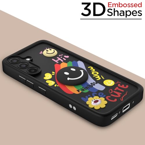 Image of Pikkme Back Cover for Samsung Galaxy A56 5G | Soft Silicone| Cute Rainbow Smile & 3D Cartoon Flower Design | Shockproof Raised Camera Protection Bumper Case (Black)