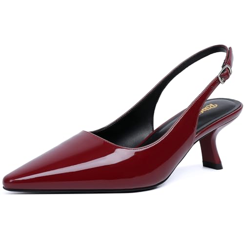 RIBONGZ Red Kitten Heels for Women Burgundy Pointed Closed Toe Pumps Patent Leather Low Heel Slingback Heels with Buckle Strappy Comfort Dress Shoes for Dating Wedding Prom Party Working Size 7
