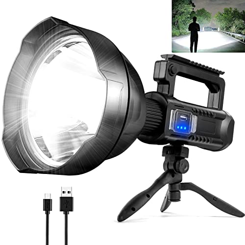 BERCOL Rechargeable Spotlight Flashlight High Lumens, 90000 Lumens Super Bright Led Searchlight with Tripod and USB Output&Input, IPX5 Waterproof 4 Modes Handheld Spotlight for Camping Emergencies