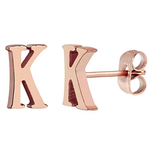 ELBLUVF 18k Rose Gold Plated Stainless-steel Initial Earrings 26 Initials Stud Earrings (K)