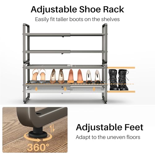 Image of SNTD Shoe Rack - Expandable Shoe Organizer for Closet, Adjustable Metal Shoe Shelf Storage, Stackable Long Shoe Stand Holder for Garage, Entryway, Door Entrance (Grey, 4-Tier)