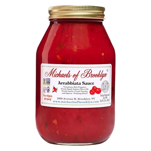Image of Michaels of Brooklyn Arrabbiata Sauce, 32 oz Jar - Non-GMO, Gluten Free Spicy Pasta Sauce with Hot Peppers, Fresh Basil & Italian Olive Oil - Authentic Italian Tomato Sauce - For Pasta Dishes & Pizza