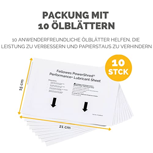 Fellowes Ölpapier für Aktenvernichter - 10 Ölblätter zur Pflege von Papierschreddern - Powershred Qualität und einfache Anwendung - 10er Pack