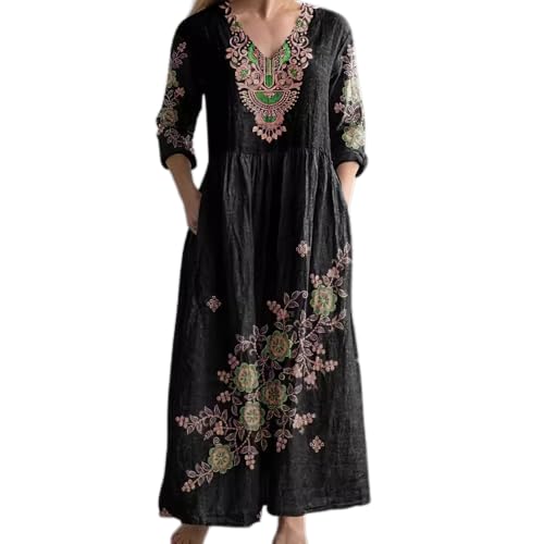 Akivide Women's Boho Floral Print V Neck Long Sleeve Maxi Dress Bohemian Oversized Casual Loose Dress with Pocket