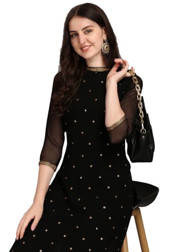 Image of Saanjh Women's Faux Georgette Embellished Printed Straight Kurta with Bottom||Kurta Set
