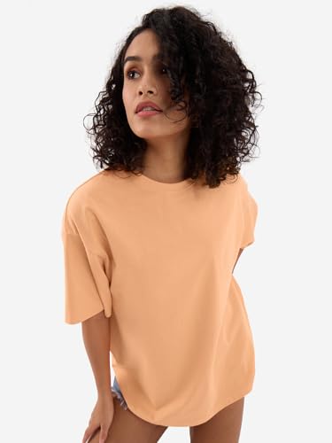 Image of The Souled Store Solids: Fuzzy Peach Women and Girls Short Sleeves Round Neck Cotton Oversized T-Shirts