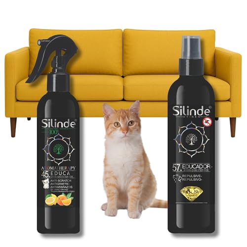 Silinde Kit 2 in 1 Spray Repellente per Gatti Anti Pipì + Spray AntiGraffio Allontana Il Gatto da Mobili e Oggetti. Doppia Azione Disabituante Gatti da Interno ed Esterno Biologico