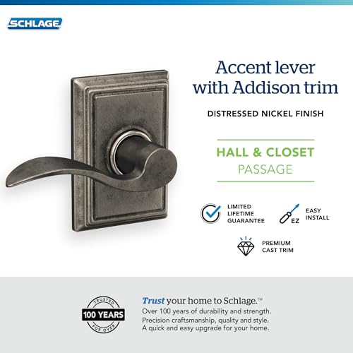 Image of Schlage Lock Company Addison Trim with Accent Hall and Closet Lever, Distressed Nickel (F10 ACC 621 ADD)