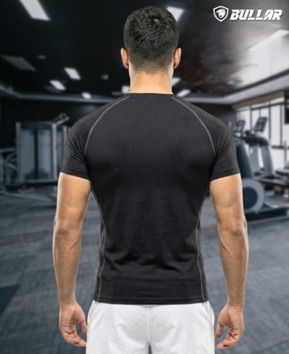 Image of BULLAR Men's Polyester Blend Compression T-Shirt, Half Sleeve Athletic Sports Tight, Crew Neck, Slim Fit Tshirt for Fitness and Workout