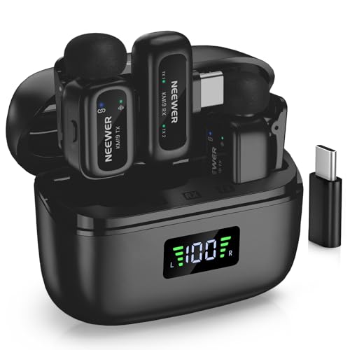 NEEWER KM19 Microfono Wireless a Bavero Leggero, 48kHz/24bit Batteria 30 Ore Anti Rumore 3 Livelli Muto Stereo Portata 100m, Mini Mic Lav con Controllo App, compatibile con iPhone Android Telefono PC