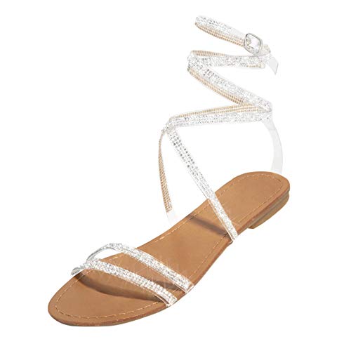TEEL ONG - Sandalias planas con cristales de estrás con cordones y tiras ajustables de media pantorrilla, doble cuerda, puntera abierta, elegante, bonito vestido de fiesta, color Blanco, talla 38.5 EU