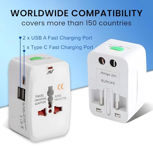 Image of Ant Amigo 201 Universal Travel Adapter with 3 Type-C & 2 USB Ports, Worldwide All-in-One International Plug Adapter for 150+ Countries, Fast Charging Travel Charger for Phone Laptop Camera White