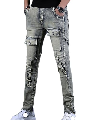Men's Biker Moto Denim Pants Washed Scratched Slim Fit Jeans Denim Multi Pocket Pants
