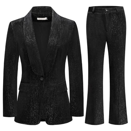 Lamgool Women Pantsuit Dressy Silver Thread Velvet 2 Piece Suit Set Blazer and Flared Pants