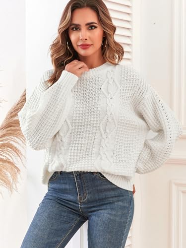 Image of ZAFUL Womens Sweater Cable Knit Oversized Sweaters Crewneck Long Sleeves Casual Knit Pullover Tops