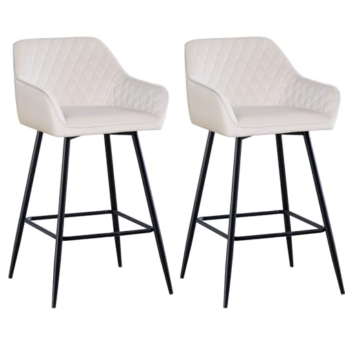 AINPECCA Bar stools Set of 2 Beige Velvet Fabric Upholstered Seat with Backrest & Armrest Black Metal Legs Counter Breakfast Chairs Kitchen