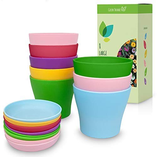 Green Thumbz Grandes macetas Redondas Decorativas, macetas de plástico de Colores para la decoración, macetas de Semillas para Interior y Exterior y macetas con bandejas a Juego (Paquete de 8)