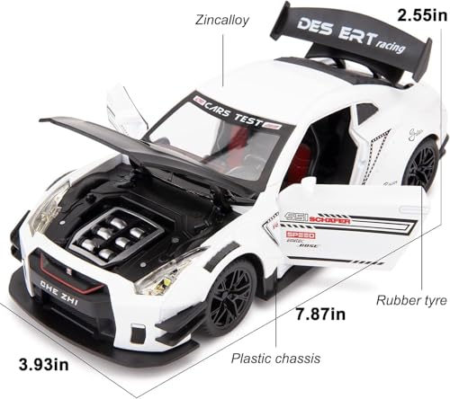 Image of WORSHIPER 1:24 Scale Compatible for Nissan GTR Model Car Toy, Zinc Alloy Pull Back Toy Car with Sound and Light for Kids Boy Girl Gift (1:24 Nissan GTR - White)