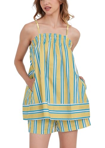 Image of calbatic Women 2 Piece Lounge Set Striped Summer Pajama Set Sleeveless Peplum Cami Top and Wide Leg Shorts Set Beachwear