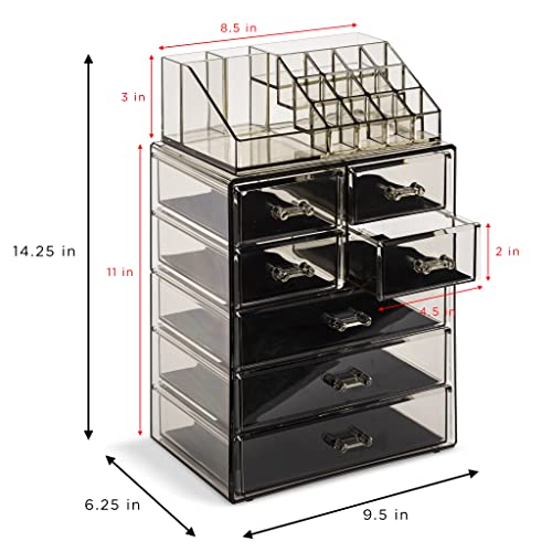 Image of Sorbus Acrylic Makeup Organizer Set, 7-Drawer Vanity & Countertop Cosmetic Storage with Small & Wide Compartments, Black-Tint Makeup Storage for Brushes, Jewelry - Holiday Gift for Women & Teens