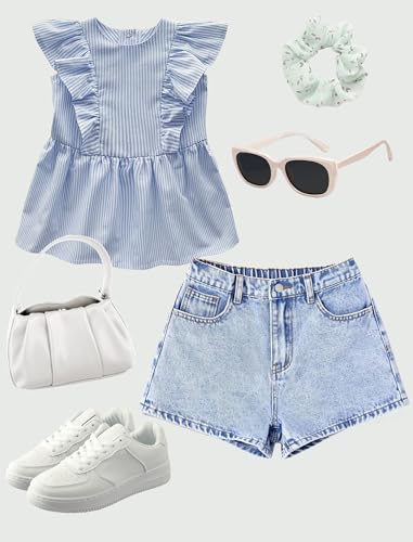 Image of oyyniis Jean Shorts for Teen Girls Ripped Raw Hem High Waist Straight Leg Cute Summer Y2K Denim Shorts 13Y-16Y