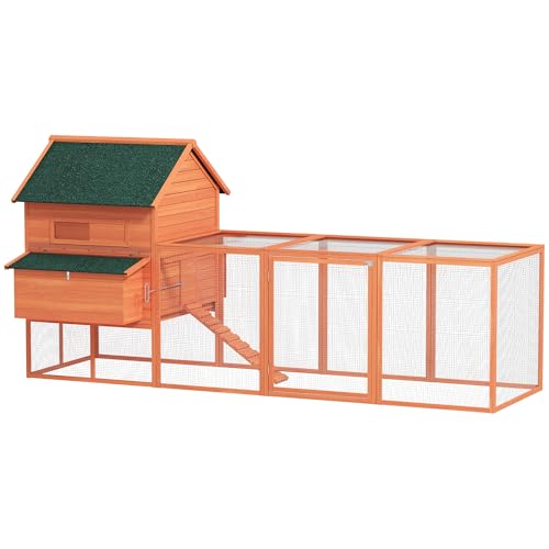 PawHut Gallinero de Madera Grande Exterior, Caseta para Gallinas con 2 Nidos, Corral, Techo Asfáltico, Bandeja Extraíble y Rampa, Casa Elevada para 4 6 Gallinas, Conejos, 347x160x150 cm, Naranja