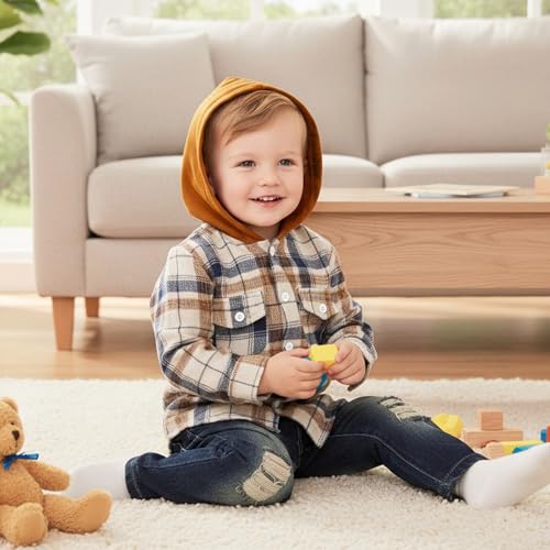 Image of Toddler Baby Boy Fall Winter Clothes Long Sleeve Plaid Hooded Sweatshirt Ripped Holes Jeans Set 1-5 Years Old