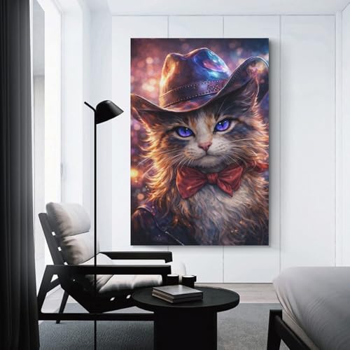 Toile chat cowboy déco salon moderne grand tableau mural entrée