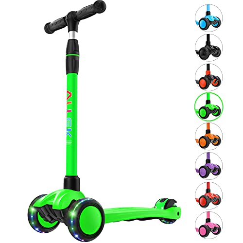 Image of Allek Kick Scooter B03, Lean 'N Glide 3-Wheeled Push Scooter with Extra Wide PU Light-Up Wheels, Any Height Adjustable Handlebar and Strong Thick Deck for Children from 3-12yrs (Lime Green)