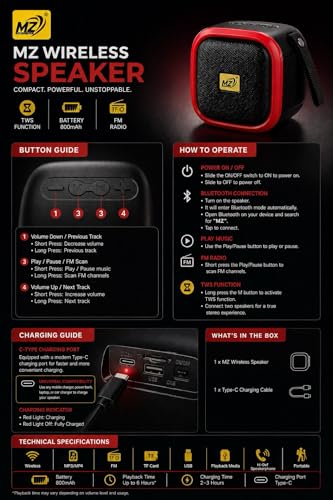 Image of 10W Wireless Bluetooth Speaker with Deep Bass, TWS Function, Type-C Fast Charging, 3-5 Hours Playtime, Portable Mini Speaker with FM /USB /TF Card Support & Bluetooth 5.0 (RED)