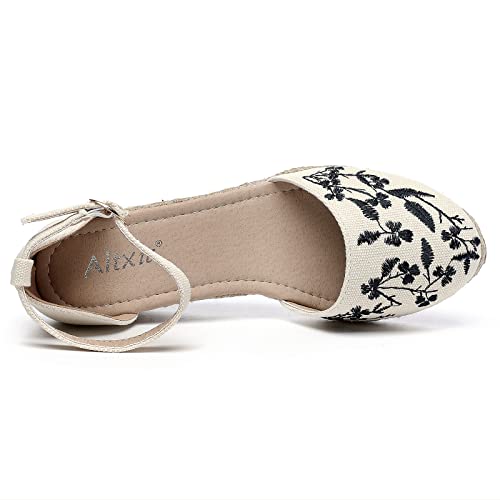 Altxic Women's Closed Toe Embroidered Vamp Canvas Ankle Strap Espadrilles Wedge Sandals Embroidered Beige 7 Us #TOP2