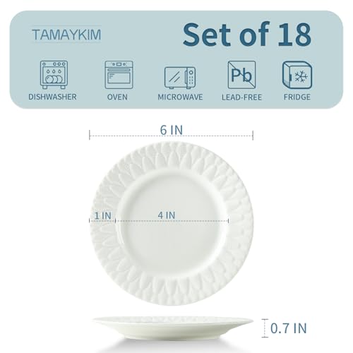 TAMAYKIM-18-Pieces-6-Inch-Porcelain-Dinner-Plates-Small-Dessert-Plate-Appetizer-Plates-Leaf-Pattern-Dinnerware-Sets-Scratch-Resistant-Microwave-Oven-and-Dishwasher-Safe-White TAMAYKIM 18 Pieces 6 Inch Porcelain Dinner Plates Small Dessert Plate Appetizer Plates Leaf Pattern Dinnerware Sets Scratch Resistant Microwave Oven and Dishwasher Safe White