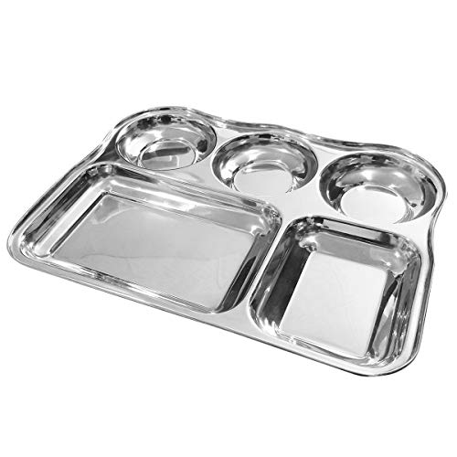 IndiaBigShop Stainless Steel 5 Compartment Dinner Plate, Mess Tray, Divided Plate, Reusable Kids Plate, Breakfast Plate, Wedding Dinner Plate