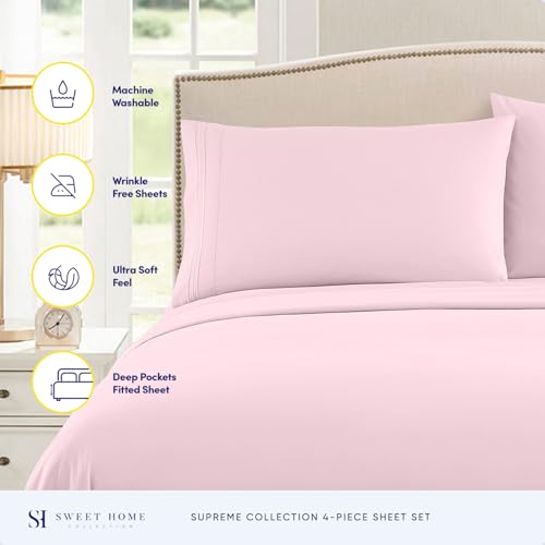 Split King Sheets - Breathable Luxury Sheets with Full Elastic & Secure Corner Straps Built In - 1800 Supreme Collection Extra Soft Deep Pocket Bedding Set, Sheet Set, Split King Size, Pale Pink