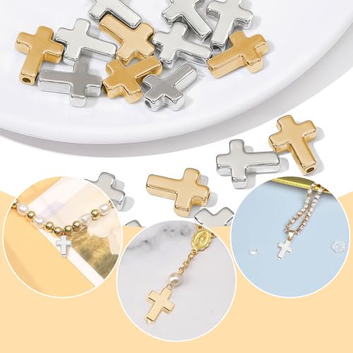 400Pcs Bulk Cross Beads for Jewelry Making,Gold & Silver CCB Plastic Crucifix Spacer Charms,Mini Religious Jesus Christian Loose Beads for Bracelets, Necklaces, DIY Crafts