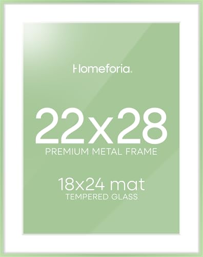 Homeforia 22x28 Sage Green Picture Frame, High End Metal 22x28 Poster Frames with Mat 18x24 inch Photo, 22 x 28 Thin Frame Matted to 18 x 24 Art, 28x22 Large Frames, Tempered Glass, Wall Kit, Set of 1