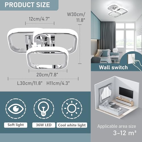 EIDISUNY LED Ceiling Light Modern 36W 3 Square Silver Ceiling Lights Fixture LED for Hallway Office Bedroom Kitchen Living Room Lamp Dining Room - Image 2