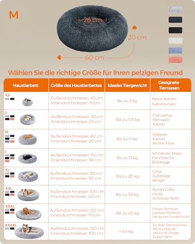 Feandrea Hundebett flauschig, Katzenbett, Donut Kissen, waschbar, Polsterung in der Mitte herausnehmbar, Langer Plüsch, 60 cm Durchmesser, dunkelgrau PGW038G02