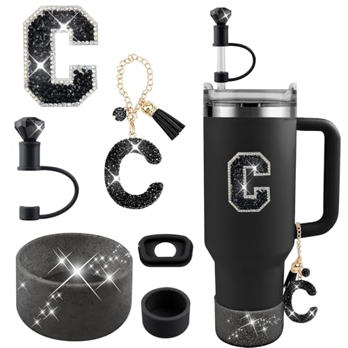 Hpebl 6PCS Black for Stanley Cup Accessories Set 30/40 OZ Bling Rhinestone Initials Charms for Stanley Decorations Tumbler Accessories Including Diamond Straw Topper, Spill Stopper（Letter D） - image 1