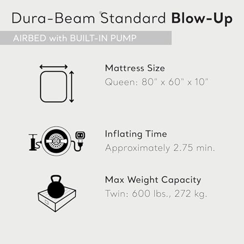 Image of Intex 64765E Dura-Beam Standard Classic Air Mattress with Inflatable Pillows: Fiber-Tech - Queen Size - Hand Pump - 10in Bed Height - 600lb Weight Capacity