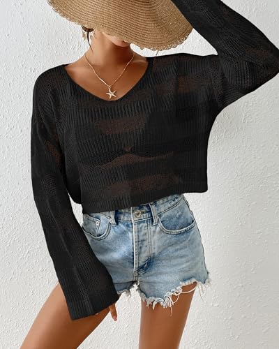 Bsubseach Beach Cover Ups for Women Summer Crochet Tops Long Sleeve Hollow Out Knit Swimsuit Cover Up Vacation Outfits 20254