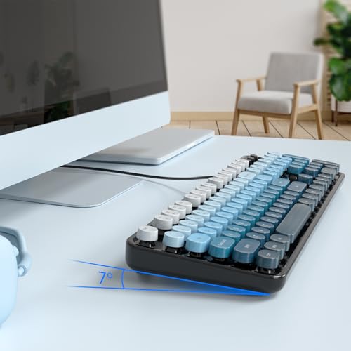 Image of MOWUX Computer Keyboard Wired, Plug and Play USB Retro Round Typewriter Keyboard, Full Size Wired Keyboard with Foldable Stands for Laptop and Office PC- Black Blue Gradient