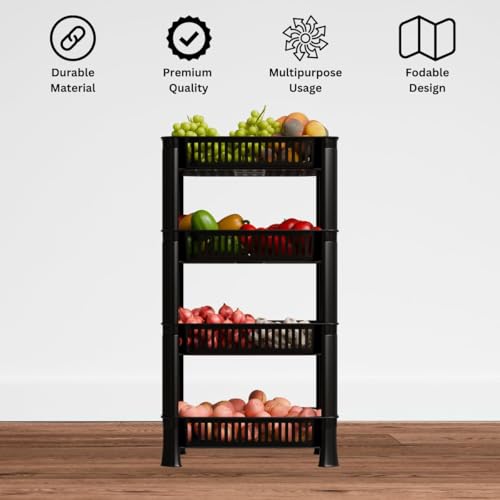 Image of Multipurpose Plastic Storage Rack for Kitchen | Foldable Vegetable & Fruit Organizer Stand for Onion, Potato, Sabji | Countertop Multi-Layer Basket Rack for Home, (Black, 4 layer)
