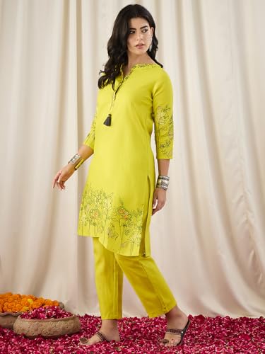 Image of Naixa Women's Lavender Cotton Printed Straight Kurta with Pant | Co-ord Set (NX-CS02)
