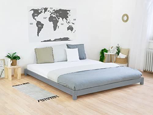 Benlemi Elegante cama doble de estilo japonés tatami 160x200 cm gris cama de madera maciza con somi/barnices 100% naturales