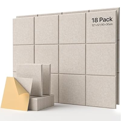 18 Pack Soundproof Wall Panels Self-Adhesive, Square Sound Proof Foam Panels for Wall, High Density Acoustic Panels, Acoustic Panels for Home Office, Recording Studio 12" X 12" X 0.4" Beige