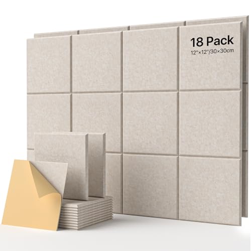 Image of Soundsbay Self-Adhesive Soundproof Wall Panels 18 Pack 12 inchx12 inch Beige | Square Acoustic Panels, 150kg /m High Density Covers 18 sq ft, Sound Proof Panels for Walls, Home Office, Bedroom