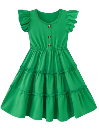 Girls Dress Button Ruffle Sleeve A-Line Round Neck Casual Solid Midi Dresses 4-8 Years