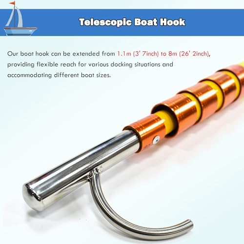 Telescopic Boat Hook - 4m to 8m Adjustable Push Pole with Durable Stainless Steel Hooks for Rescuing, Pushing, Pulling, and Docking - Essential Marine Accessory