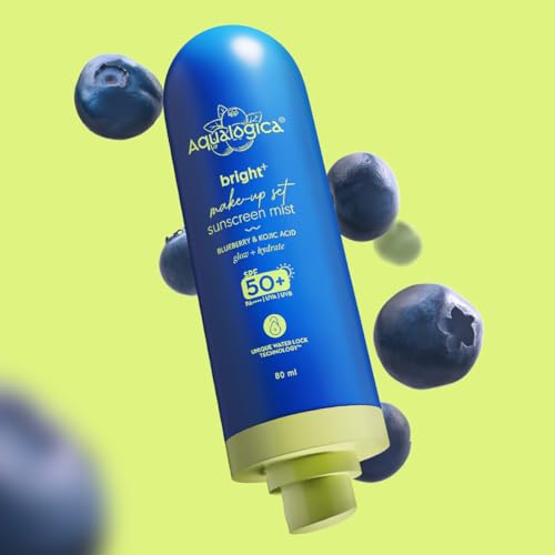Image of Aqualogica Bright+ Makeup-Set Sunscreen Mist SPF 50+ PA++++ with Blueberry & Kojic Acid | Ultra-Fine Mist for Easy Application over Makeup | Quick Drying | Sets Make-Up | No White Cast | Easy Reapplication | Hydrates & Refreshes | 80 ml